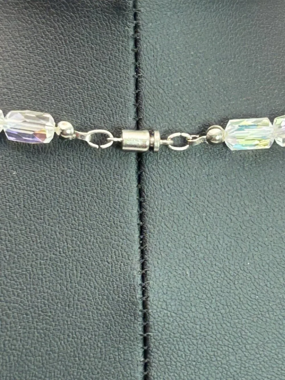 Vintage AB Crystal Rainbow Barrel Bead Necklace Aurora Borealis 16”
